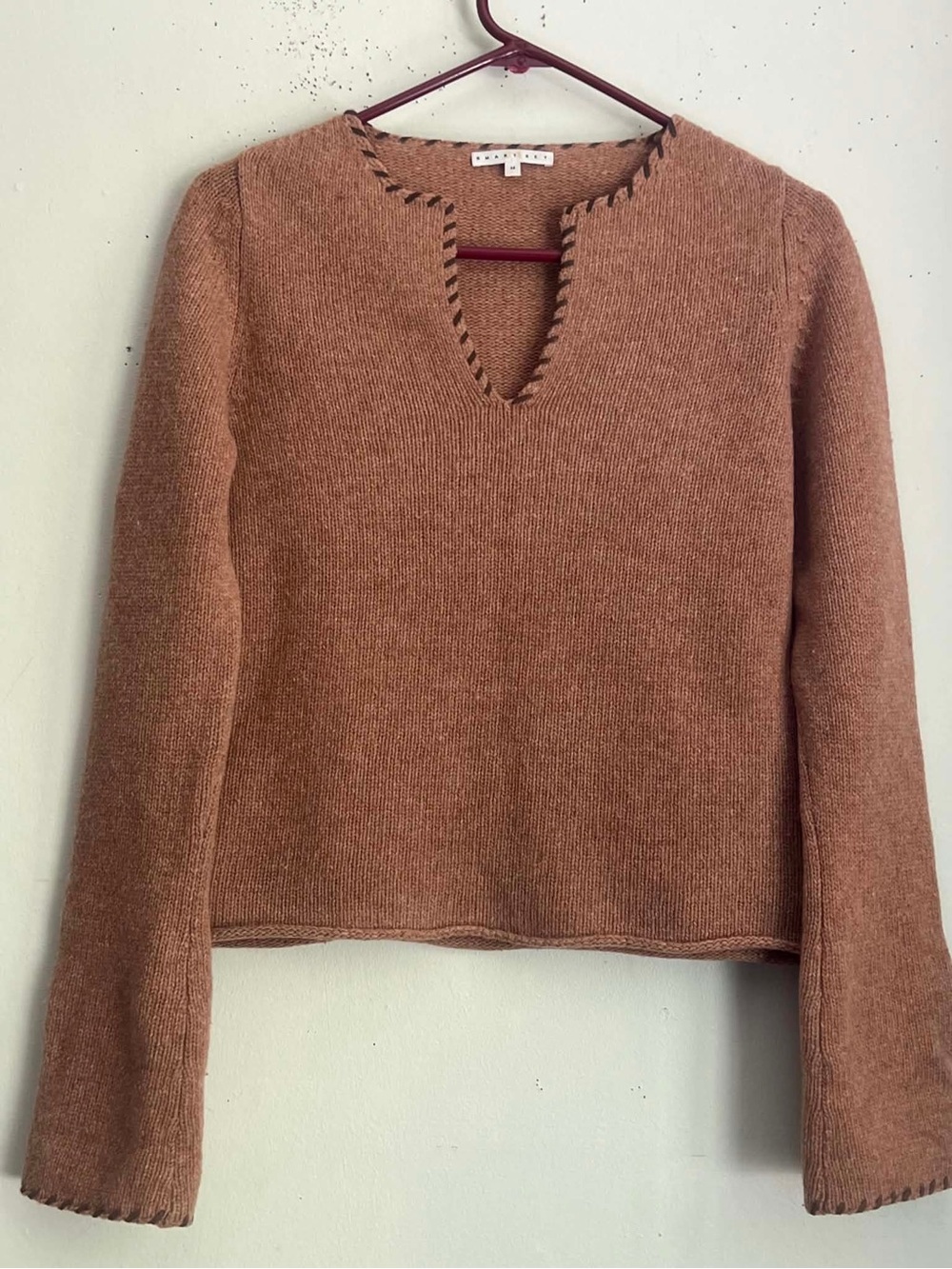 Smart Set Rust V-Neck Whipstitch Trim Lambs Wool Sweater
